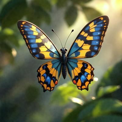 The primary subject of the image is a butterfly, which is the main focus of the scene. The butterfly is perched on a leaf, creating a natural and serene setting. The visual style of the image is a photo, capturing the beauty of the butterfly in its natural habitat. The colors and mood of the image are predominantly yellow and blue, which are often associated with butterflies and their surroundings.